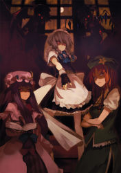 Rule 34 | 5girls, apron, book, bow, braid, crossed arms, dark, embodiment of scarlet devil, female focus, fingerless gloves, flandre scarlet, gloves, glowing, glowing eyes, grey hair, hair bow, hat, hong meiling, izayoi sakuya, long hair, looking at viewer, maid, maid apron, maid headdress, moon, multiple girls, outstretched arm, patchouli knowledge, pink eyes, purple hair, red eyes, red hair, remilia scarlet, shaded face, shirabi, short hair, touhou, twin braids, window, wings, you gonna get raped