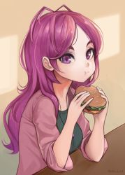 Rule 34 | 1girl, :t, artist name, blush, breasts, burger, commentary, eating, eyelashes, food, from side, green shirt, highres, holding, holding food, jacket, jewelry, long hair, looking at viewer, necklace, open clothes, original, parted bangs, pink jacket, purple eyes, purple hair, shellvi, shirt, small breasts, solo, table, upper body