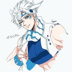 Rule 34 | 1boy, bare shoulders, battle tendency, blue eyes, caesar anthonio zeppeli, crop top, feather hair ornament, feathers, fingerless gloves, gloves, hair ornament, highres, jojo no kimyou na bouken, kogatarou, male focus, midriff, official alternate costume, one eye closed, solo, translate, triangle print, vest, white hair, wristband