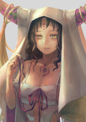 Rule 34 | 1girl, absurdres, black hair, breasts, chest tattoo, cleavage, clothing cutout, commentary, detached sleeves, facial mark, fate/extra, fate/extra ccc, fate/grand order, fate (series), forehead mark, forehead tattoo, grey background, hand up, highres, holding, holding ribbon, horn ornament, horn ring, horns, large breasts, long sleeves, looking at viewer, nurumon, parted bangs, parted lips, pink horns, pink ribbon, ribbon, sessyoin kiara, shirt, sidelocks, smile, solo, standing, stomach cutout, tassel, tattoo, upper body, veil, white shirt, wide sleeves, yellow eyes