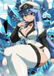 Rule 34 | !, 1girl, absurdres, akame ga kill!, blue eyes, blue hair, blush, breasts, choker, cleavage, collarbone, esdeath, frozen, hat, heart, highres, ice, jacket, large breasts, long hair, long sleeves, looking at viewer, pencil skirt, sitting, skirt, smile, sparkle, speech bubble, spoken heart, thick thighs, thighhighs, thighs, tony welt, white hat, white jacket, white skirt, white thighhighs