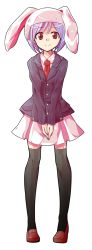 Rule 34 | 1girl, alphes (style), animal ears, bad id, bad pixiv id, black thighhighs, dairi, ears through headwear, extra ears, full body, helmet, jacket, looking at viewer, necktie, own hands together, parody, rabbit ears, red eyes, red footwear, reisen, shirt, shoes, skirt, smile, solo, style parody, thighhighs, touhou, transparent background, v arms, zettai ryouiki