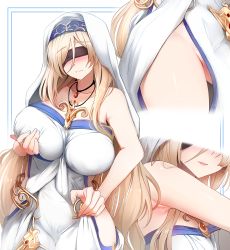 Rule 34 | 10s, 1girl, armpits, bare shoulders, blindfold, blonde hair, blush, grabbing another&#039;s breast, breasts, dress, ginhaha, goblin slayer!, grabbing, highres, jewelry, large breasts, long hair, multiple views, necklace, no panties, parted lips, pelvic curtain, simple background, sleeveless, solo, solo focus, sword maiden, very long hair, white background, white dress
