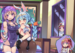 Rule 34 | 4girls, ahoge, animal ears, arm strap, bandaid, bandaid on arm, bare shoulders, bed, bell, black gloves, black leotard, black pantyhose, blue hair, blush, braid, breasts, carrot hair ornament, chai mao, chicken costume, chinese commentary, commentary request, food-themed hair ornament, gloves, green eyes, hair bell, hair between eyes, hair ornament, highres, hololive, hololive english, hololive fantasy, hololive indonesia, holomyth, indoors, japanese clothes, leotard, long hair, looking at another, looking at viewer, medium breasts, miko, moona hoshinova, multiple girls, open mouth, orange hair, pantyhose, pink hair, purple eyes, purple hair, rabbit ears, rabbit girl, red eyes, sakura miko, side ponytail, sidelocks, swimsuit, takanashi kiara, thighhighs, twin braids, usada pekora, usada pekora (1st costume), virtual youtuber, white thighhighs