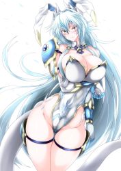 Rule 34 | 1girl, animal ears, arm under breasts, armor, bare legs, blue hair, blush, breasts, claws, cleavage, closed mouth, detached collar, dragon girl, dragon horns, dragon tail, fake animal ears, g (genesis1556), groin, hair between eyes, highres, horns, large breasts, leg strap, leotard, light blue hair, long hair, looking at viewer, lutian (g (genesis1556)), monster girl, original, playboy bunny, rabbit ears, shoulder armor, simple background, solo, standing, tail, thigh strap, thighs, very long hair, white background, white leotard, yellow eyes