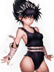 Rule 34 | 1girl, adapted costume, bandaged arm, bandaged leg, bandages, bare shoulders, belt, black hair, breasts, burn scar, cameltoe, covered erect nipples, covered navel, from side, fumio (rsqkr), genderswap, genderswap (mtf), groin, hair between eyes, hiei, leotard, looking at viewer, multiple belts, no bra, red eyes, scar, serious, short hair, sideboob, simple background, sketch, small breasts, solo, spiked hair, tank top, thighs, torn clothes, white background, yuu yuu hakusho