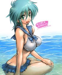 Rule 34 | 1girl, allenby beardsley, amania orz, ass, bikini, blue hair, breasts, butt crack, character name, commentary request, dated, eyes visible through hair, frilled bikini, frills, from behind, g gundam, green eyes, gundam, heart, large breasts, looking at viewer, looking back, open mouth, partially submerged, sailor collar, shiny clothes, shiny skin, short hair, sitting, smile, solo, swimsuit, twisted torso, water