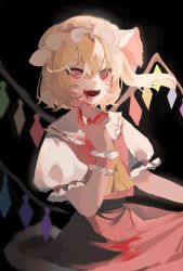 Rule 34 | 1girl, ascot, black background, blonde hair, blood, blood from mouth, blood on clothes, blood on hands, collared shirt, commentary request, fangs, flandre scarlet, frilled shirt collar, frilled sleeves, frills, hair between eyes, hat, highres, looking at viewer, medium hair, mob cap, multicolored wings, open mouth, puffy short sleeves, puffy sleeves, red eyes, red skirt, red vest, shirt, short sleeves, simple background, skirt, skirt set, solo, touhou, vest, white hat, white shirt, wings, wrist cuffs, yellow ascot, za (user hrdd3775)