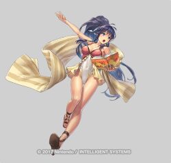 1girl bare_shoulders blue_eyes blue_hair book braid breasts cleavage collarbone copyright_notice covered_navel cuboon fire_emblem fire_emblem:_the_sacred_stones fire_emblem_heroes full_body gluteal_fold grey_background holding holding_book long_hair long_legs medium_breasts nintendo official_art one-piece_swimsuit open_book open_mouth ponytail sandals side_braid sidelocks solo striped_towel swimsuit tana_(fire_emblem) tana_(noble_and_nimble)_(fire_emblem) towel twin_braids