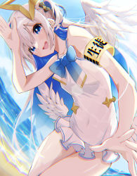 Rule 34 | 1girl, absurdres, amane kanata, angel wings, armband, beach, blue bow, blue eyes, blue hair, blurry, blush, bow, colored inner hair, covered navel, day, eat some cookie, feathered wings, fisheye, frilled swimsuit, frills, grey hair, hair between eyes, hair bow, halo, highres, hololive, leaning forward, long hair, looking at viewer, mini wings, multicolored eyes, multicolored hair, multiple wings, ocean, one-piece swimsuit, open mouth, outdoors, pink eyes, single hair intake, sky, smile, solo, star halo, summer, swimsuit, very long hair, virtual youtuber, water, white one-piece swimsuit, white wings, wings