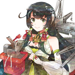 Rule 34 | 1girl, ahoge, bare shoulders, black hair, breasts, bridal gauntlets, cleavage, closed mouth, collarbone, detached sleeves, dress, green dress, green eyes, itomugi-kun, kantai collection, long hair, looking at viewer, machinery, medium breasts, mizuho (kancolle), rigging, simple background, smile, solo, turret, upper body, white background, white sleeves, wide sleeves