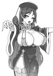 Rule 34 | 1girl, alternate costume, arms up, bad id, bad twitter id, breasts, cleavage, cowboy shot, dress, drooling, fate/grand order, fate (series), fingernails, greyscale, hat, highleg, highleg panties, huge breasts, jiangshi, long fingernails, long hair, long tongue, minamoto no raikou (fate), monochrome, nago purin, panties, revealing clothes, see-through, sharp fingernails, solo, string panties, thighhighs, tongue, tongue out, underwear, very long hair