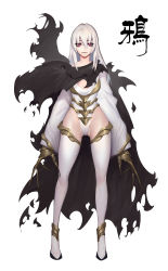 Rule 34 | 1girl, absurdres, black cloak, black footwear, claws, cloak, eyes visible through hair, gauntlets, gluteal fold, guiguz, hair between eyes, highres, leotard, medium hair, original, parted lips, red eyes, simple background, smile, solo, standing, thighhighs, tight clothes, torn clothes, white background, white hair, white leotard, white thighhighs