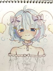 Rule 34 | 1girl, antennae, bare shoulders, blue eyes, blue hair, blush, bow, bubble, choker, closed mouth, collarbone, commentary, dress, english commentary, hair bow, hair ornament, hairclip, highres, indie virtual youtuber, looking at viewer, moon jelly, moon jelly (artist), off-shoulder dress, off shoulder, photo (medium), purple bow, purple choker, sketch, smile, solo, split mouth, straight-on, thick eyebrows, traditional media, unfinished, virtual youtuber, white background