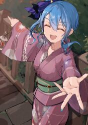 Rule 34 | 1girl, :d, absurdres, bag, blue hair, blue nails, bow, closed eyes, fish, floral print, goldfish, hair bow, highres, hololive, hoshimachi suisei, japanese clothes, kimono, long sleeves, nail polish, obi, ogura tubuan, open mouth, outstretched arms, plastic bag, pointing, pointing to the side, reaching, reaching towards viewer, sash, smile, solo, upper body, virtual youtuber, yukata