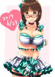 Rule 34 | akizuki ritsuko, breasts, choker, cleavage, embarrassed, fingerless gloves, fuyube rion, glasses, gloves, idolmaster, idolmaster (classic), idolmaster million live!, idolmaster million live! theater days, jewelry, large breasts, necklace, skirt