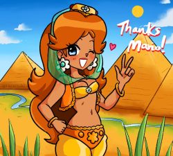 Rule 34 | 1girl, artist name, bare shoulders, blue eyes, blue sky, breasts, brown hair, cleavage, crown, desert, grin, hand on own hip, heart, lipstick, long hair, looking at viewer, makeup, mario (series), midriff, navel, nintendo, one eye closed, princess daisy, pyramid (structure), river, sky, smile, solo, spoken heart, sun, super mario land, tomboy, v, wink