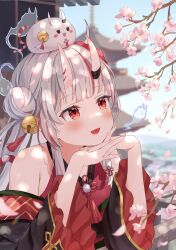 Rule 34 | 1girl, absurdres, bare shoulders, bell, blush, breasts, cherry blossoms, fang, hair bell, hair ornament, highres, hololive, horns, japanese clothes, karma (nakiri ayame), kimono, looking at viewer, mask, mask on head, mei am0, multicolored hair, nakiri ayame, nakiri ayame (1st costume), oni, open mouth, poyoyo (nakiri ayame), red eyes, shiranui (nakiri ayame), skin-covered horns, small breasts, solo, streaked hair, virtual youtuber, white hair