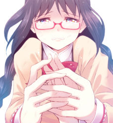 Rule 34 | 2girls, akemi homura, black hair, blue eyes, braid, close-up, commentary request, crying, crying with eyes open, d:, dirty, dirty clothes, dirty face, frown, furai, glasses, highres, holding hands, kaname madoka, long hair, long sleeves, looking at another, looking at viewer, mahou shoujo madoka magica, mahou shoujo madoka magica (anime), mitakihara school uniform, multicolored eyes, multiple girls, open mouth, out of frame, pov, pov hands, puffy short sleeves, puffy sleeves, purple eyes, red-framed eyewear, red ribbon, ribbon, sad, school uniform, semi-rimless eyewear, short sleeves, simple background, tears, twin braids, under-rim eyewear, uniform, upper body, white background, yellow eyes