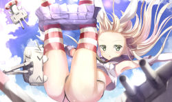 Rule 34 | 1girl, :&lt;, ass, bad id, bad pixiv id, black neckerchief, black panties, blonde hair, blue sailor collar, blue skirt, blue sky, blush, clothes pull, cloud, cloudy sky, commentary request, day, elbow gloves, forehead, gloves, green eyes, highleg, highleg panties, highres, kantai collection, long hair, looking at viewer, natuna natu, neckerchief, outdoors, outstretched arms, panties, parted lips, pleated skirt, rensouhou-chan, sailor collar, school uniform, serafuku, shimakaze (kancolle), shirt, skirt, skirt pull, sky, sleeveless, sleeveless shirt, spread arms, striped clothes, striped thighhighs, sunlight, thighhighs, triangle mouth, underwear, v-shaped eyebrows, very long hair, white gloves, white shirt