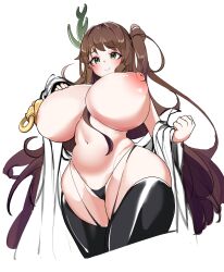 Rule 34 | 1girl, absurdres, black panties, black thighhighs, breasts, brown hair, closed mouth, commentary, cropped legs, english commentary, from below, green eyes, highres, huge breasts, long hair, mal (user yvfe5887), navel, nipples, one side up, original, panties, simple background, smile, solo, thighhighs, underwear, very long hair, white background