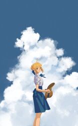 Rule 34 | 1girl, ahoge, artoria pendragon (all), artoria pendragon (fate), bare legs, blonde hair, blue ribbon, blue skirt, blue sky, breasts, cloud, duck11 rp, fate/stay night, fate (series), feet out of frame, green eyes, hat, highres, holding, holding clothes, holding hat, light smile, looking at viewer, looking to the side, medium breasts, ribbon, saber (fate), shirt, skirt, sky, solo, straw hat, unworn hat, unworn headwear, white shirt