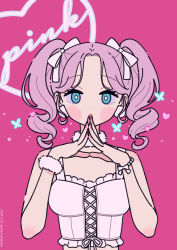 Rule 34 | 1girl, bare shoulders, blue eyes, blush stickers, bow, bustier, commentary, forehead, hair bow, heart, highres, looking at viewer, nail polish, neki (wakiko), original, parted bangs, parted lips, pink background, pink hair, pink nails, simple background, solo, steepled fingers, twintails, upper body, white bow