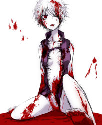 Rule 34 | .flow, 1girl, barefoot, blood, breasts, expressionless, full body, looking at viewer, medium breasts, one eye closed, open mouth, red eyes, sabitsuki, short hair, simple background, sitting, solo, torn clothes, white hair, wince