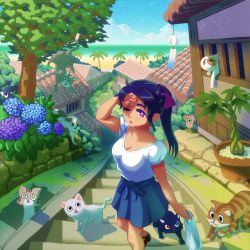 Rule 34 | 1girl, bad id, bad pixiv id, bag, beach, black hair, blue flower, blue skirt, breasts, cat, cleavage, day, don9899, flower, foot out of frame, hand on own forehead, highres, holding, holding bag, hydrangea, medium breasts, medium hair, no socks, one eye closed, original, outdoors, palm tree, plant, plastic bag, potted plant, purple eyes, purple flower, rooftop, shadow, shirt, short sleeves, skirt, stairs, summer, too many, too many cats, tree, triangle mouth, white shirt