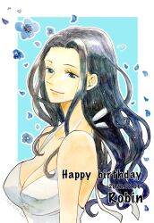 Rule 34 | 1girl, 2020, bare shoulders, black hair, blue background, blue eyes, blue flower, blue hair, border, breasts, cleavage, commentary request, dated, dress, eyelashes, female focus, flower, hanakotoba28, happy birthday, highres, long hair, looking to the side, medium breasts, nico robin, one piece, outline, outside border, sidelocks, smile, solo, upper body, white border, white dress, white outline