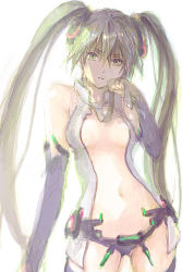 Rule 34 | 1girl, bare shoulders, breasts, center opening, detached sleeves, green eyes, green hair, hatsune miku, hatsune miku (append), long hair, matching hair/eyes, navel, necktie, oekaki, parted lips, pooj, solo, twintails, very long hair, vocaloid, vocaloid append
