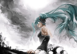 Rule 34 | 1girl, aqua hair, bad id, bad pixiv id, blank eyes, detached sleeves, double tens, glowing, glowing eyes, hatsune miku, headphones, kimahri215, long hair, looking back, open mouth, sky, solo, twintails, very long hair, vocaloid