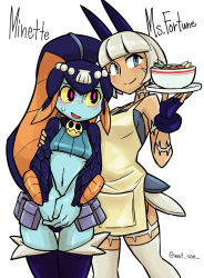 Rule 34 | 2girls, animal ears, apron, arm around shoulder, bell, belt pouch, black hair, black legwear, blue eyes, blue skin, blush, bob cut, bowl, breasts, cat ears, character name, chichibu (watson), collar, colored sclera, colored skin, cosplay, costume switch, embarrassed, fingerless gloves, fins, fish girl, food, gloves, hair between eyes, head fins, height difference, highres, minette (skullgirls), monster girl, ms. fortune (skullgirls), ms. fortune (skullgirls) (cosplay), multiple girls, navel, neck bell, pink eyes, pouch, scar, short hair, short shorts, shorts, silver hair, simple background, skullgirls, small breasts, smile, thighhighs, underboob, v arms, waitress, white legwear, yellow sclera
