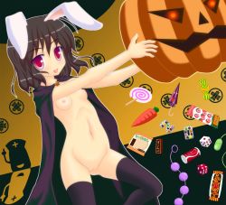 Rule 34 | 1girl, :p, anal beads, animal ears, bad id, bad pixiv id, black thighhighs, breasts, brown hair, candy, cape, carrot, cleft of venus, dice, female focus, food, halloween, highres, inaba tewi, jack-o&#039;-lantern, karakasa obake, lollipop, naked cape, navel, nipples, noveske n4, nude, oil-paper umbrella, pumpkin, pussy, rabbit ears, red eyes, sex toy, short hair, small breasts, solo, thighhighs, tongue, tongue out, touhou, umbrella, uncensored, vibrator, yagokoro
