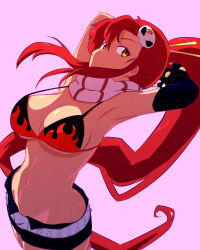 Rule 34 | 1girl, armpits, arms behind head, belt, bikini, bikini top only, breasts, cleavage cutout, clothing cutout, commentary request, cowboy shot, elbow gloves, flame print, gloves, hair ornament, hair stick, high ponytail, highres, large breasts, long hair, looking at viewer, navel, pink background, pink hair, red hair, scarf, short shorts, shorts, sidelocks, simple background, single elbow glove, single glove, skull hair ornament, solo, striped clothes, striped scarf, studded belt, studded bracelet, swimsuit, tengen toppa gurren lagann, underboob, very long hair, yellow eyes, yoko littner, yuenibushi