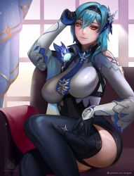 Rule 34 | 1girl, aqua hair, black gloves, breasts, clothing cutout, couch, dress, eula (genshin impact), genshin impact, gloves, hair between eyes, hair ornament, hairband, hand on own head, hand on own thigh, large breasts, long sleeves, looking at viewer, necktie, nextoad, patreon username, shoulder cutout, sitting, solo, thighhighs, watermark, white dress, window, yellow eyes, zettai ryouiki