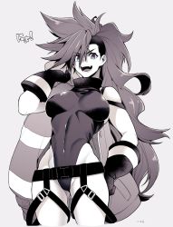 Rule 34 | !, 1girl, asymmetrical hair, bare shoulders, breasts, commentary request, covered navel, cowboy shot, eyes visible through hair, galo thymos, genderswap, genderswap (mtf), gloves, gluteal fold, grey background, greyscale, jacket, large breasts, leotard, long hair, looking at viewer, monochrome, narrow waist, open mouth, promare, sidecut, simple background, sleeveless, solo, standing, takatsuki ichi, teeth, tongue, translation request, undercut