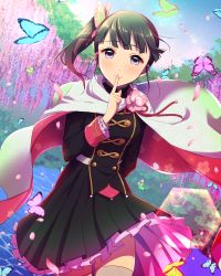 Rule 34 | 1girl, absurdres, black jacket, black skirt, bug, butterfly, butterfly hair ornament, cape, closed mouth, cowboy shot, day, flower, grey thighhighs, hair ornament, hako (gyhujikolp), high-waist skirt, highres, hydrangea, index finger raised, insect, jacket, kimetsu no yaiba, layered skirt, long sleeves, looking at viewer, miniskirt, outdoors, pink flower, pleated skirt, purple eyes, short hair, side ponytail, skirt, smile, solo, standing, thighhighs, tsuyuri kanao, white cape, zettai ryouiki