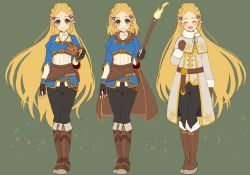Rule 34 | 1girl, :d, :o, aisawa natsu, arm at side, belt, belt pouch, black gloves, black pants, blonde hair, blue eyes, blue shirt, blush, boots, braid, brown cape, brown footwear, brown gloves, cape, closed eyes, closed mouth, coat, crown braid, facing viewer, fingerless gloves, fire, forehead, full body, fur-trimmed boots, fur-trimmed coat, fur-trimmed sleeves, fur trim, gloves, green background, grey coat, hair ornament, hairclip, hand on own chest, holding, knee boots, long hair, long sleeves, multiple views, nintendo, open mouth, pants, parted bangs, parted lips, pointy ears, pouch, princess zelda, shirt, short hair, smile, standing, star (symbol), the legend of zelda, the legend of zelda: breath of the wild, the legend of zelda: tears of the kingdom, torch, very long hair