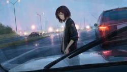 Rule 34 | 1girl, androgynous, blurry, car, crane (machine), depth of field, dusk, dutch angle, highres, jacket, lamppost, lens flare, looking at viewer, looking to the side, motor vehicle, original, parted lips, purple eyes, purple hair, rain, road, scenery, shion (mirudakemann), short hair, solo, street, texture, water drop, wet, wet hair