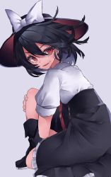 Rule 34 | 1girl, absurdres, black hair, boots, bow, fedora, frilled skirt, frills, hat, hat bow, hat ribbon, highres, long skirt, muraryo, open mouth, puffy short sleeves, puffy sleeves, red eyes, ribbon, shirt, short hair, short sleeves, simple background, skirt, squatting, touhou, usami renko, white background