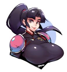 Rule 34 | 1girl, artist name, bad id, bad tumblr id, black hair, breasts, brown eyes, commentary, hair intakes, huge breasts, inuyasha, lips, long hair, ponytail, sango (inuyasha), shoulder pads, signature, simple background, solo, upper body, white background, zako (arvinry)