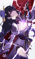 Rule 34 | 1girl, absurdres, braid, breasts, cleavage, electricity, genshin impact, highres, holding, holding sword, holding weapon, human scabbard, japanese clothes, kimono, long hair, low-braided long hair, low-tied long hair, maplefoxy, purple eyes, purple hair, raiden shogun, solo, sword, thighhighs, weapon