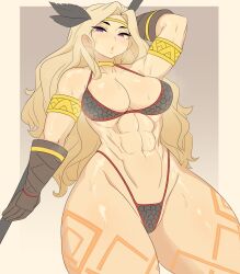 Rule 34 | 1girl, abs, amazon (dragon&#039;s crown), armlet, armor, bare shoulders, bikini, bikini armor, black bikini, blonde hair, border, breasts, cleavage, collarbone, cowboy shot, dragon&#039;s crown, gauntlets, grey background, highres, large breasts, long hair, looking down, open mouth, purple eyes, shnibbles, simple background, solo, standing, steam, sweat, swimsuit, tattoo, thick thighs, thighs, tiara