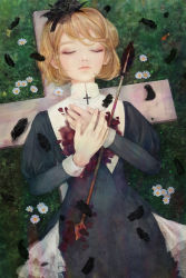 Rule 34 | 1girl, amber tobi, arrow (projectile), black feathers, blonde hair, closed mouth, cross, closed eyes, facing viewer, feathers, flower, from above, grass, graveyard, lips, long sleeves, on ground, original, robe, short hair, solo, symbolism, white flower