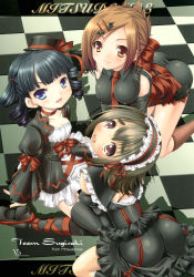Rule 34 | 3girls, absurdres, all fours, alto seneka, ass, black hair, blue eyes, breasts, brown eyes, brown hair, checkered floor, covered erect nipples, drill hair, eyebrows, hair ornament, hairpin, hat, highres, impossible clothes, large breasts, lolita fashion, looking at viewer, looking back, mitsudomoe, miyashita, multiple girls, necktie, open mouth, smile, sugisaki miku, thick eyebrows, thighhighs, yoshioka yuki