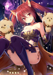 Rule 34 | 10s, 1girl, :q, alexmaster, animal ears, bare shoulders, breasts, cerberus (shingeki no bahamut), cleavage, convenient leg, dog ears, gauntlets, granblue fantasy, highres, long hair, puppet, red eyes, red hair, shadowverse, shingeki no bahamut, solo, thighhighs, tongue, tongue out, twintails, very long hair
