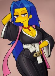 Rule 34 | 1girl, bleach, blue hair, breasts, colored skin, cosplay, cowboy shot, eyelashes, hand on own hip, highres, japanese clothes, jewelry, large breasts, long hair, loodncrood, looking at viewer, marge simpson, matsumoto rangiku, matsumoto rangiku (cosplay), mature female, necklace, pearl necklace, simple background, smile, solo, the simpsons, yellow skin