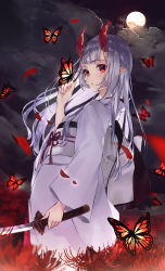 Rule 34 | 1girl, bug, butterfly, butterfly on hand, cloud, cloudy sky, commentary request, feet out of frame, field, flower, flower field, from side, full moon, highres, holding, holding sword, holding weapon, horns, bug, japanese clothes, katana, kimono, kusaka kou, long hair, long sleeves, looking at viewer, looking to the side, moon, night, obi, oni horns, original, outdoors, parted lips, petals, pointy ears, red eyes, red flower, red ribbon, ribbon, sash, silver hair, sky, solo, spider lily, standing, sword, tassel, weapon, white kimono, wide sleeves