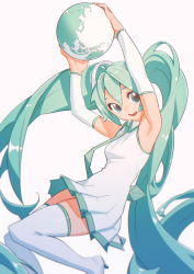 Rule 34 | 1girl, :d, absurdres, armpits, arms up, blue eyes, blue hair, boots, collared dress, detached sleeves, dress, earth (planet), hatsune miku, highres, holding planet, irarugii, long hair, necktie, open mouth, planet, pleated dress, sleeveless, sleeveless dress, smile, solo, thigh boots, twintails, very long hair, vocaloid